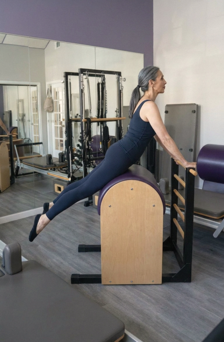 Gina Santangelo in a ladder barrel plank with legs extended