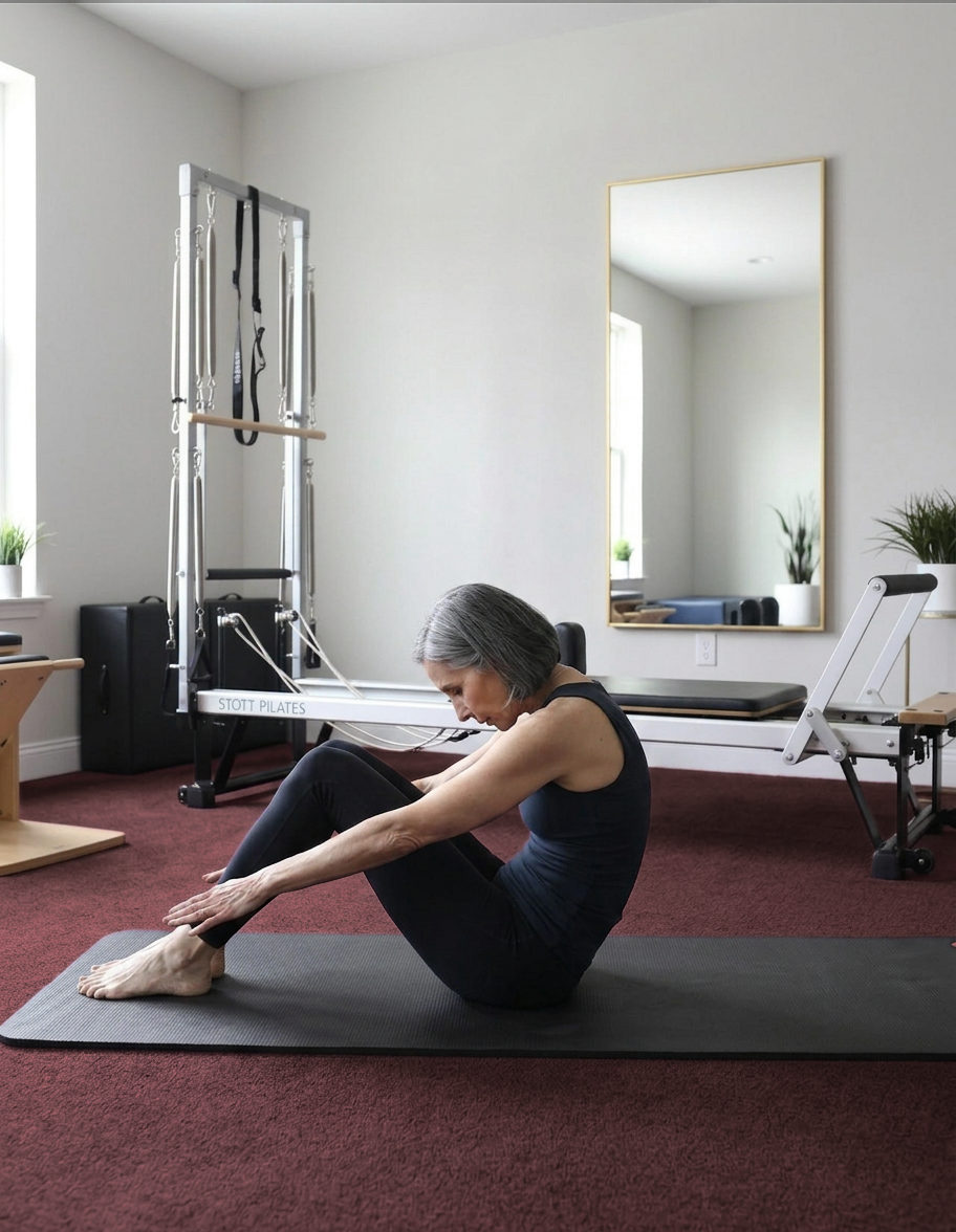 Gina Santangelo in a seated spine stretch on the mat at the GLOW Body studio