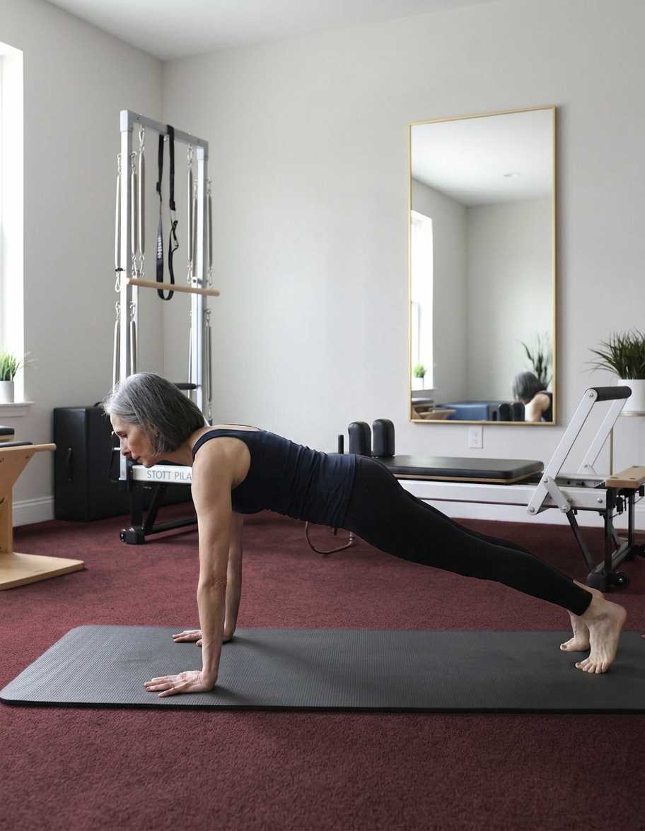 Gina Santangelo holding a plank with an extended arm and leg at the GLOW Body studio