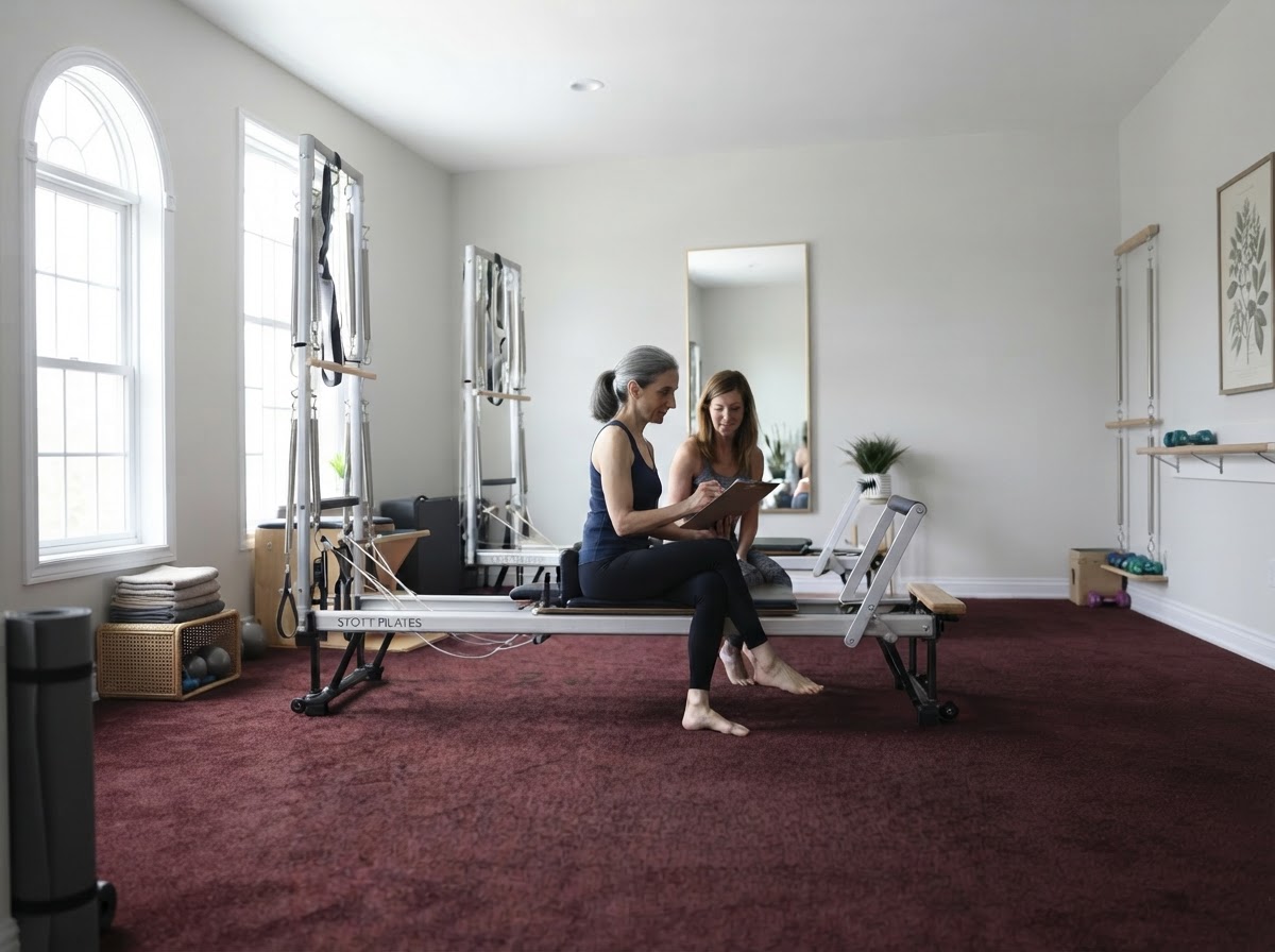 Gina Santangelo sitting on the Reformer with a client, going through her plan together