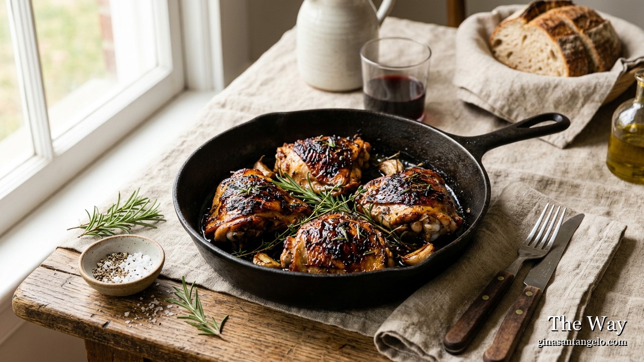 Balsamic rosemary chicken thighs in a skillet
