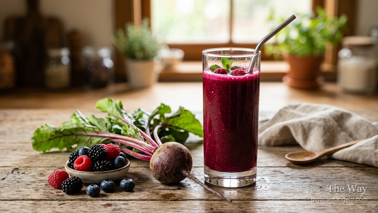 Beet and berry juice, deep red, in a glass