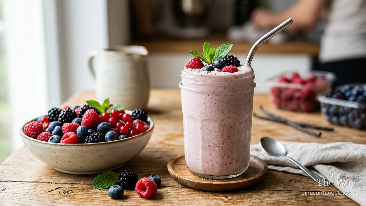 Berry vanilla protein smoothie in a glass