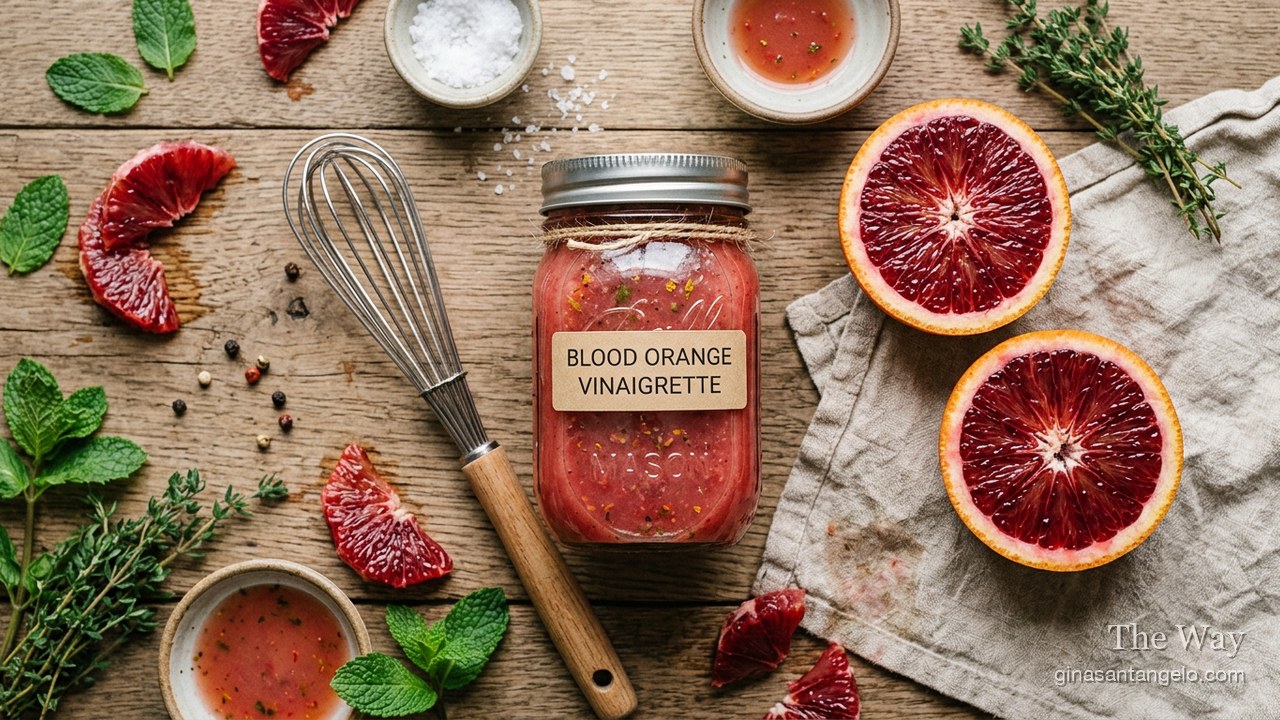 A jar of blood orange vinaigrette