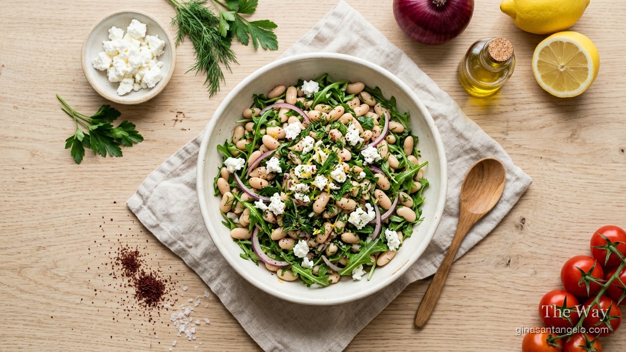 Cannellini bean salad with parsley, lemon and olive oil in a bowl