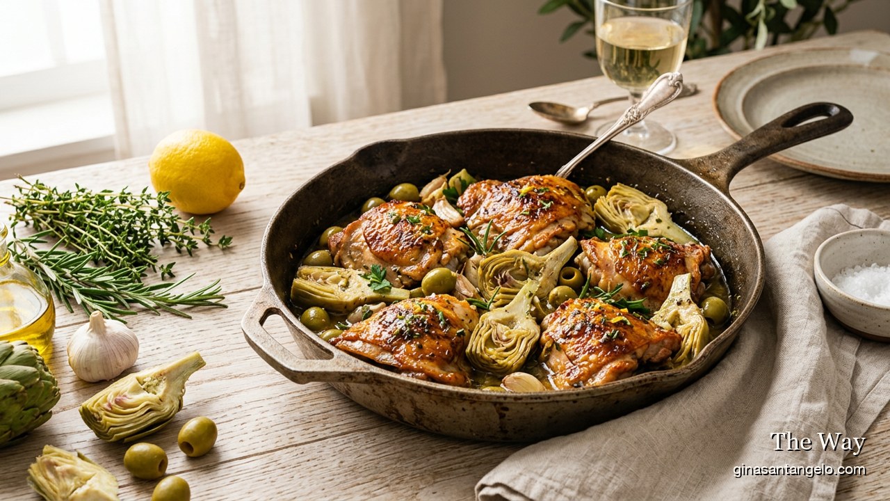 Chicken with artichokes, olives and white wine