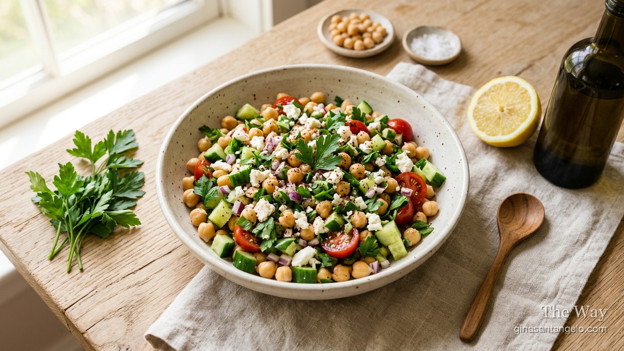 Chickpea cucumber and feta salad