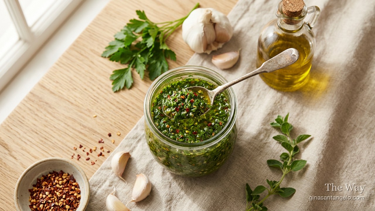 Fresh herb chimichurri in a bowl
