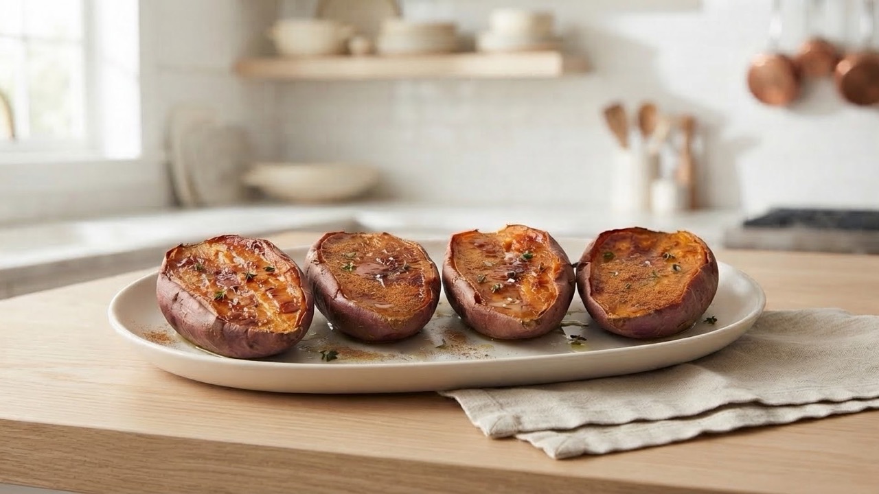 Sweet potato halves, scored and roasted until the cut face is caramelized