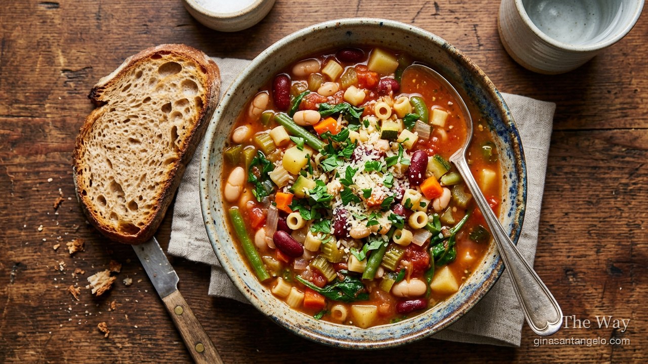A bowl of classic minestrone soup with vegetables and beans