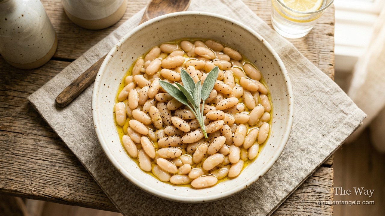 A pot of creamy cooked cannellini beans