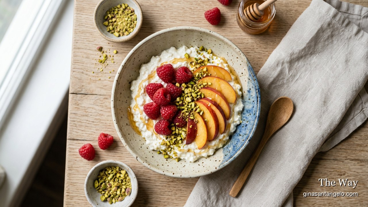 A cottage cheese breakfast bowl with fresh fruit and pistachios