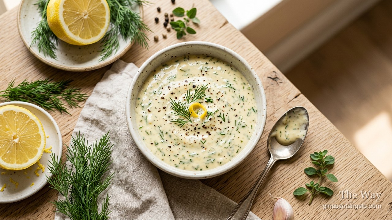 Creamy lemon herb dressing in a bowl with dill