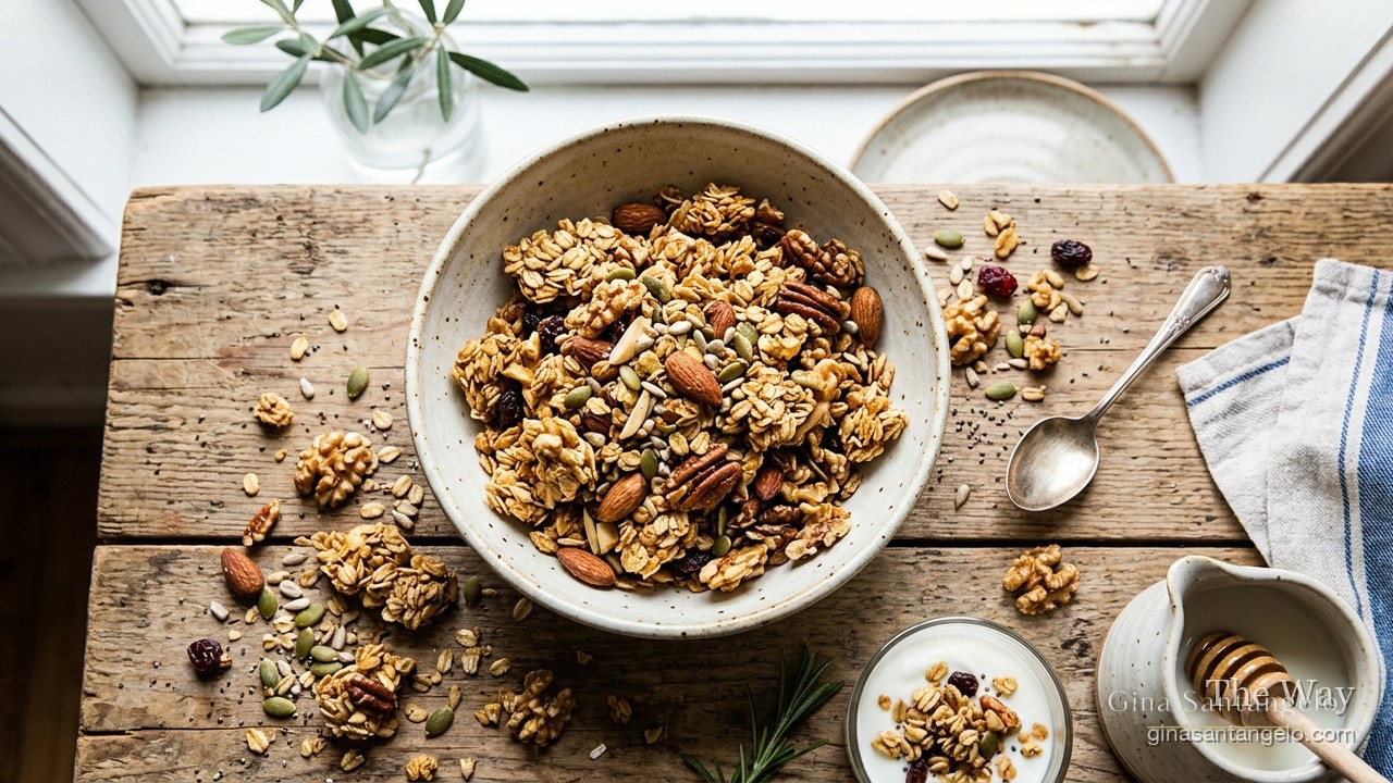 Golden homemade granola clusters with oats, almonds and coconut