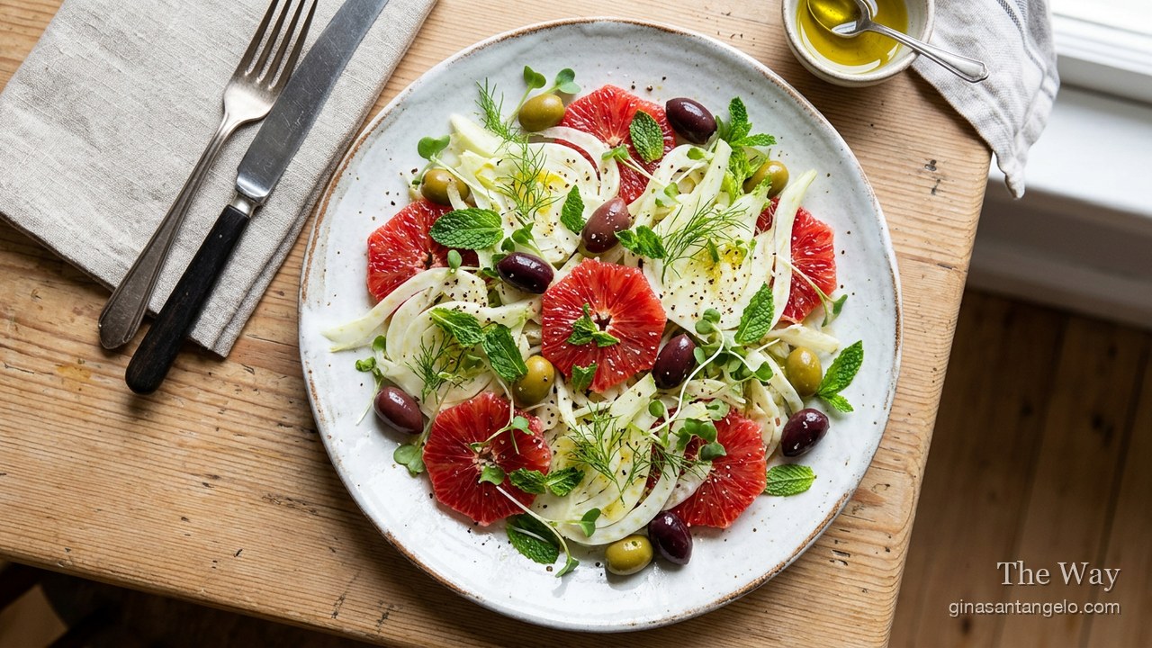 A shaved fennel and blood orange salad with olives