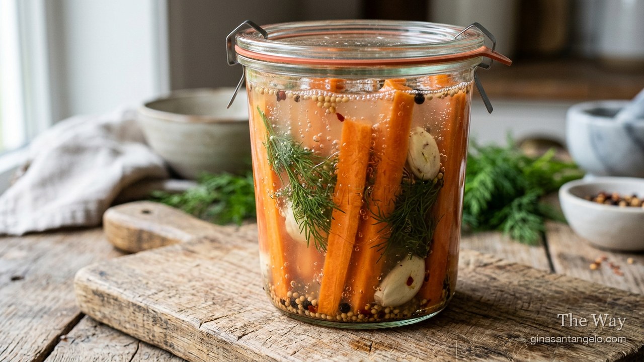 A jar of fermented carrot sticks with dill and garlic