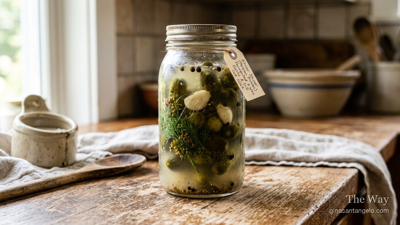 A jar of fermented dill pickles