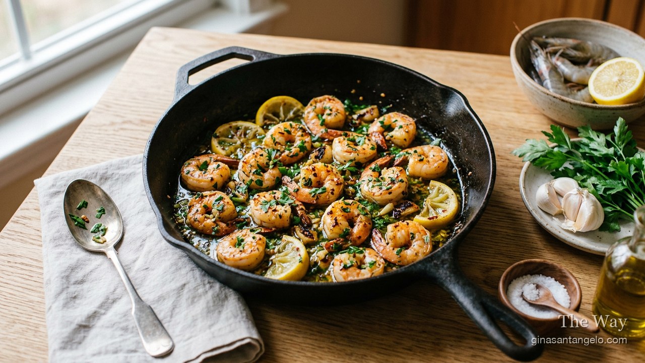 Garlic lemon shrimp in a skillet