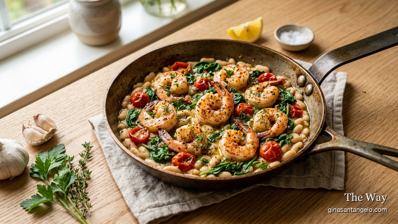 Garlic shrimp with white beans and spinach