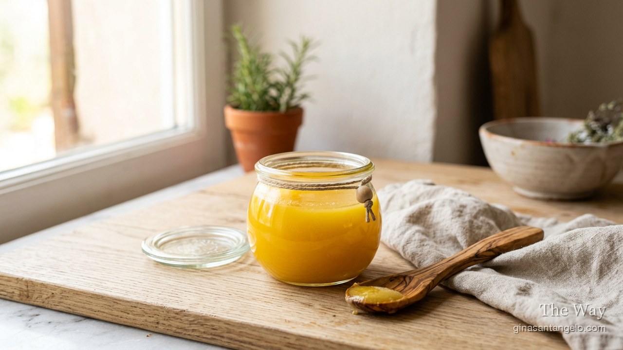 A glass jar of golden homemade ghee