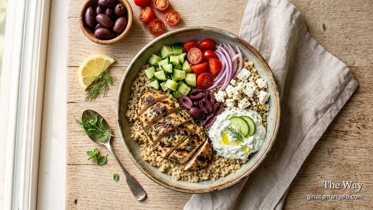 Greek chicken bowl with tzatziki