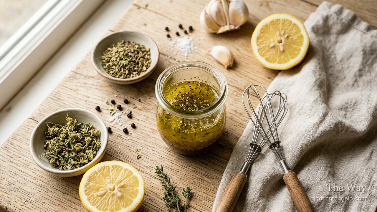 Greek vinaigrette in a small glass jar with oregano