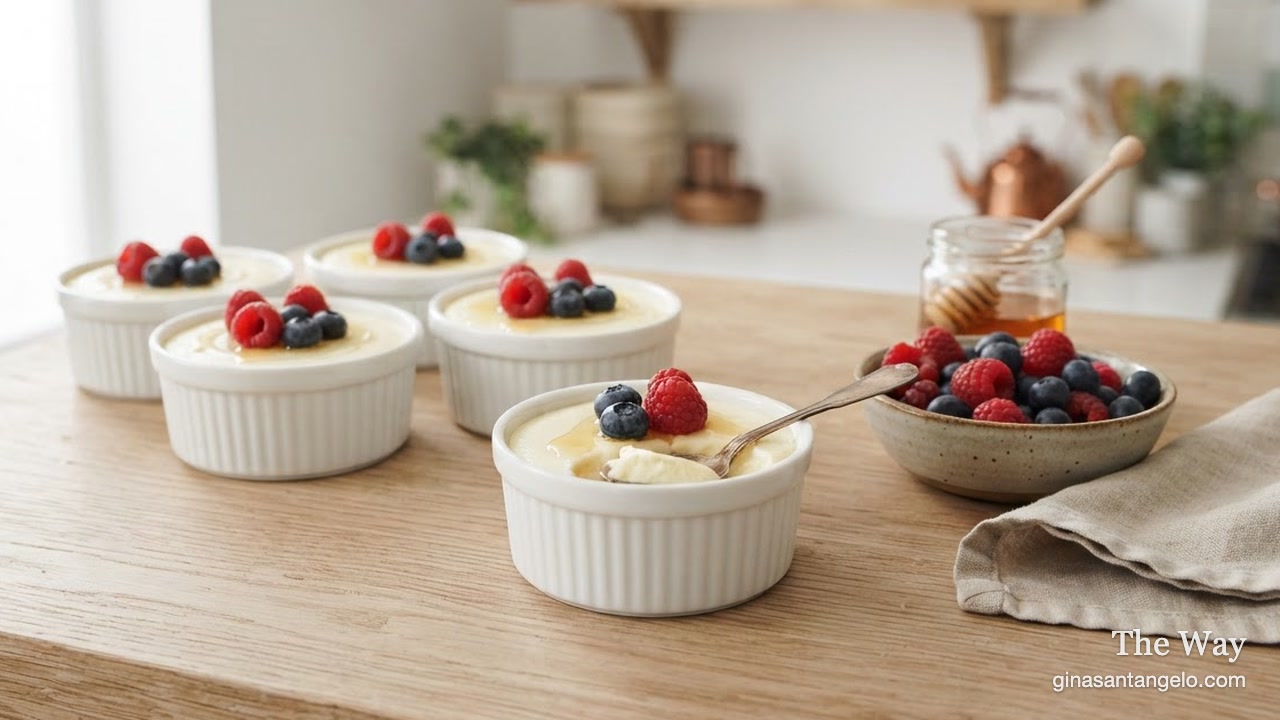 Creamy Greek yogurt cheesecakes in white ramekins with fresh berries and honey