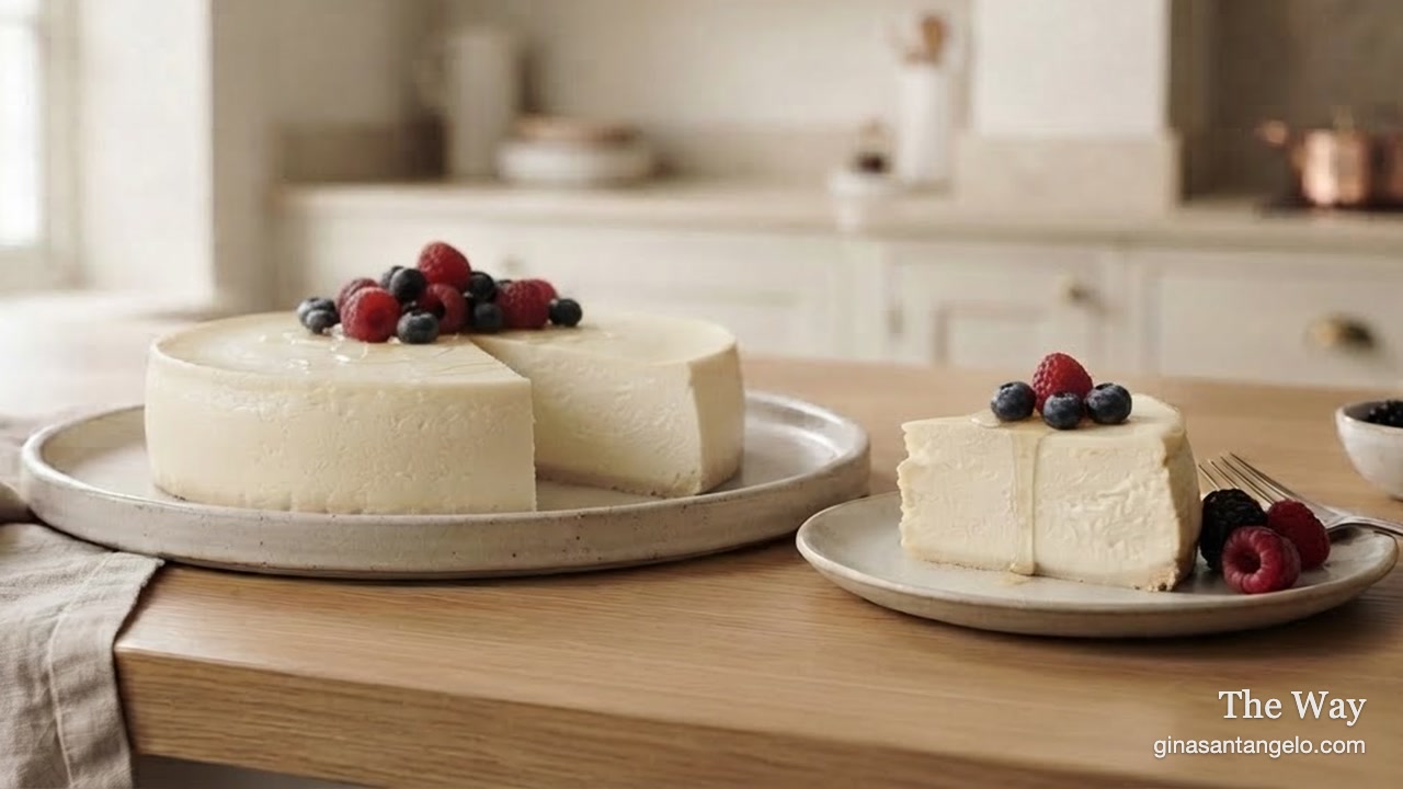 A slice of creamy Greek yogurt cheesecake with fresh berries