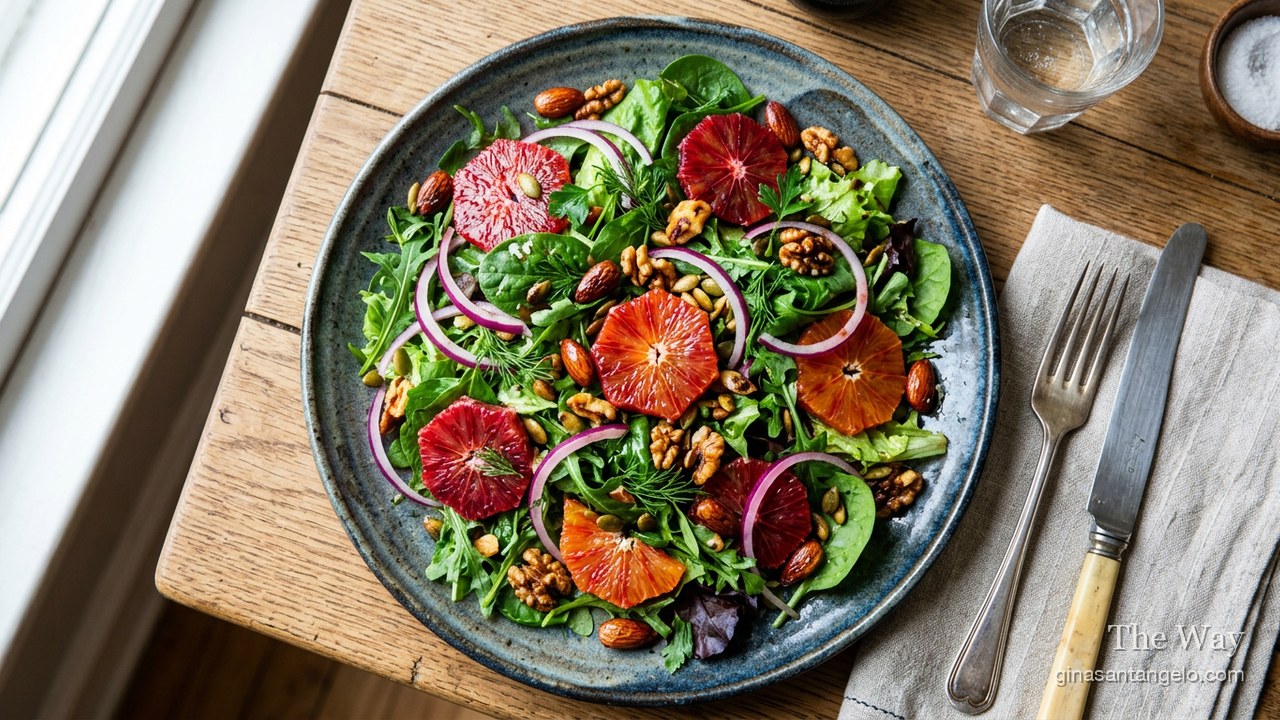A green salad with blood orange, fennel and pistachios