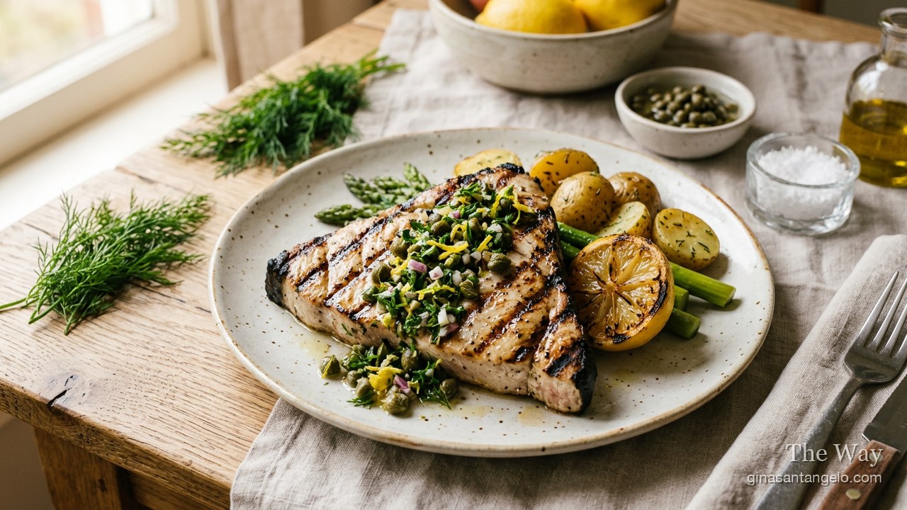 Grilled swordfish with lemon caper relish
