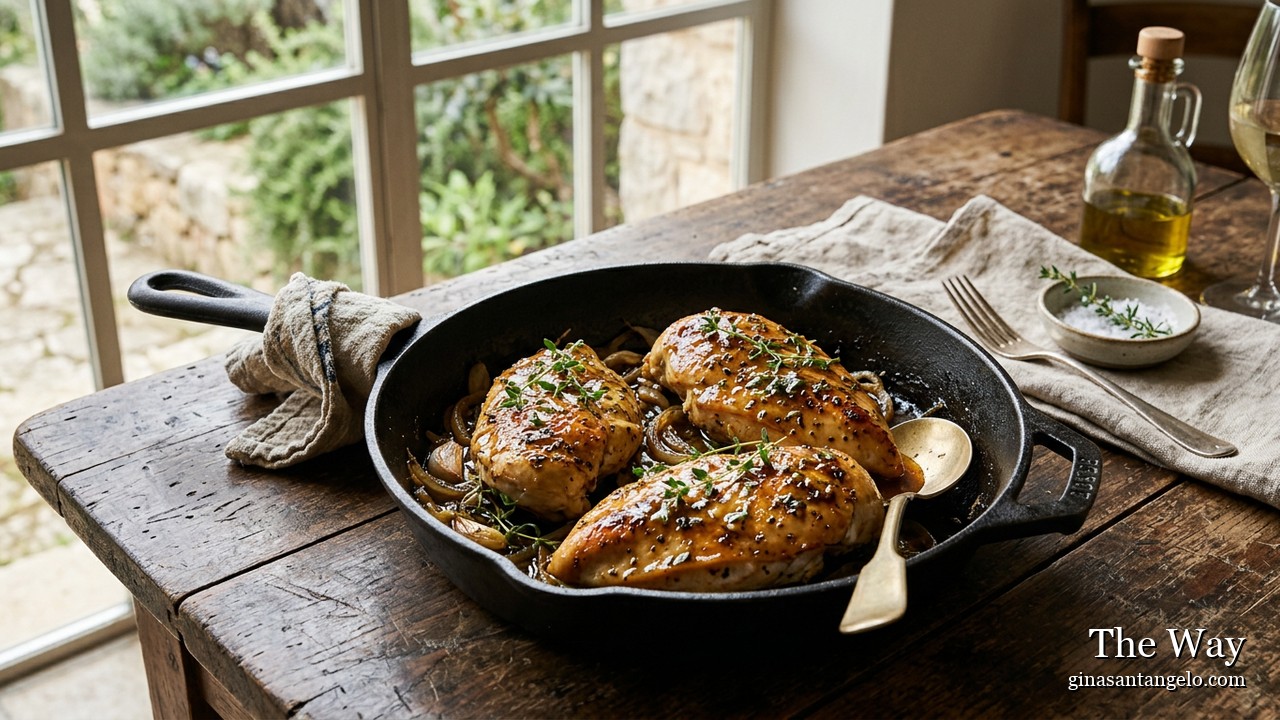 Maple Dijon glazed chicken breasts in a skillet with thyme
