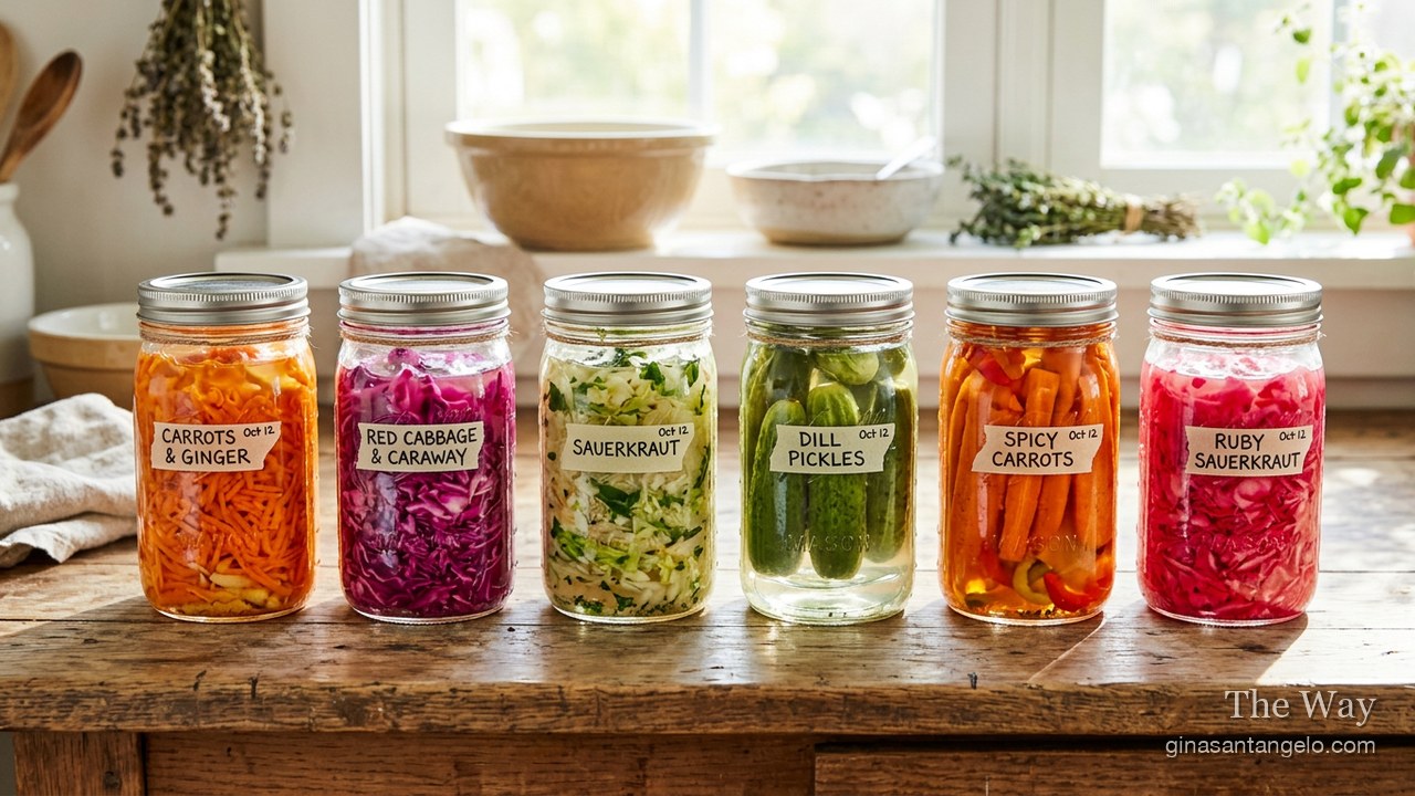 Jars of vegetables fermenting in brine