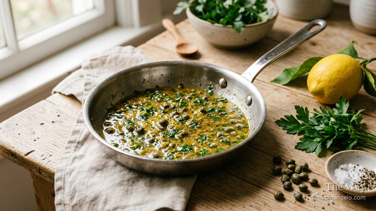 Lemon caper sauce with parsley in a small pan