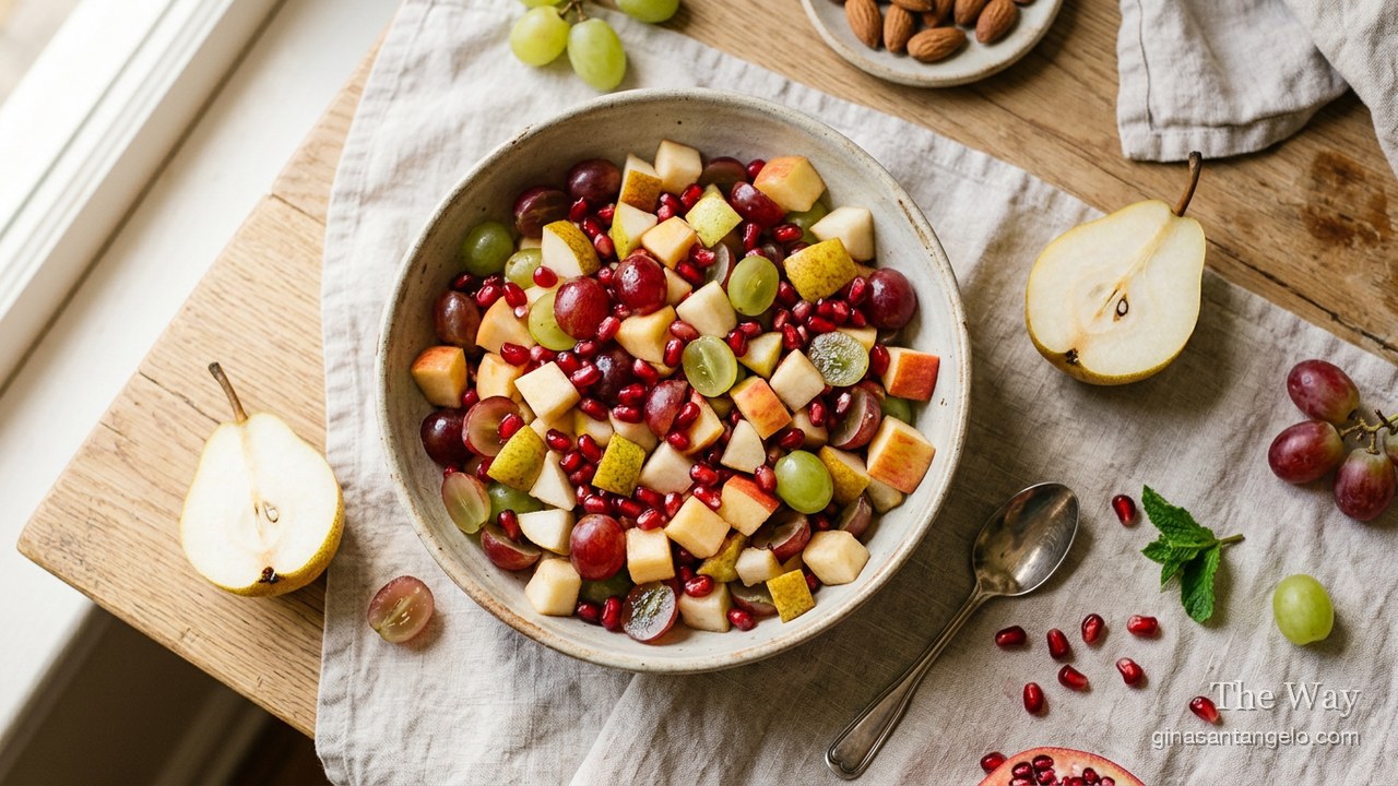 Macedonia di frutta, an Italian mixed fruit salad, in a bowl with mint