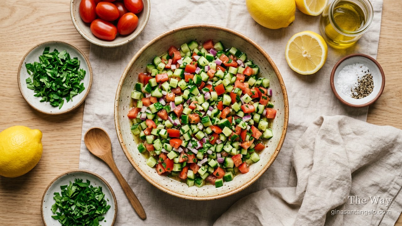 A bowl of finely chopped Mediterranean chopped salad