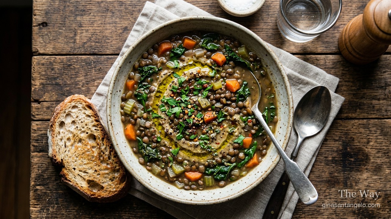 A bowl of Mediterranean lentil soup with spinach