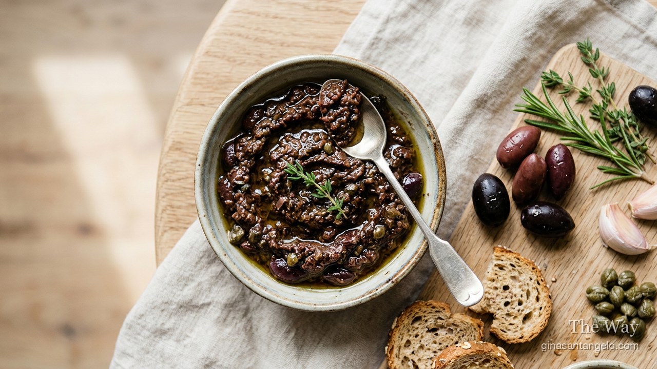 Olive tapenade in a small bowl