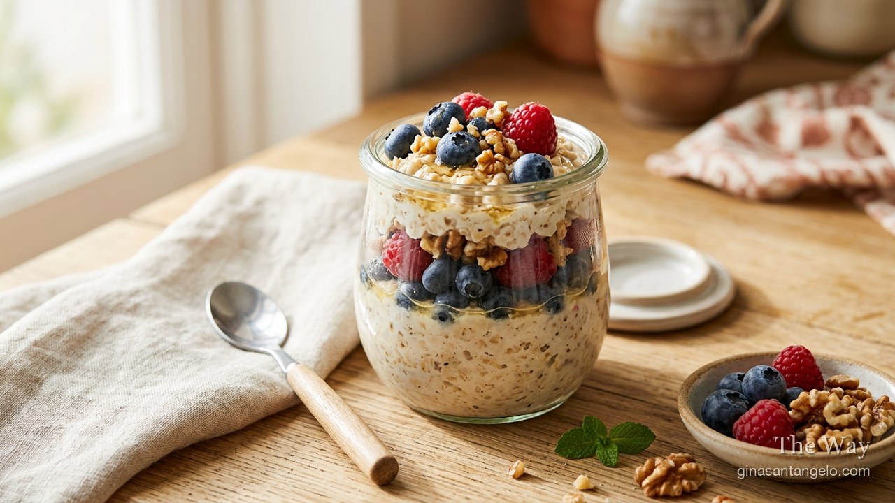 A jar of overnight oats topped with fresh berries and walnuts