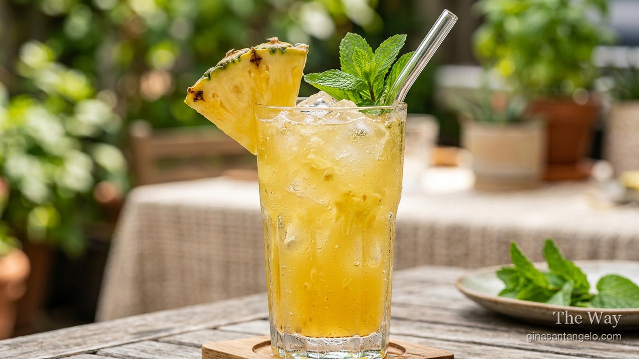 Pineapple ginger refresher in a glass with lime