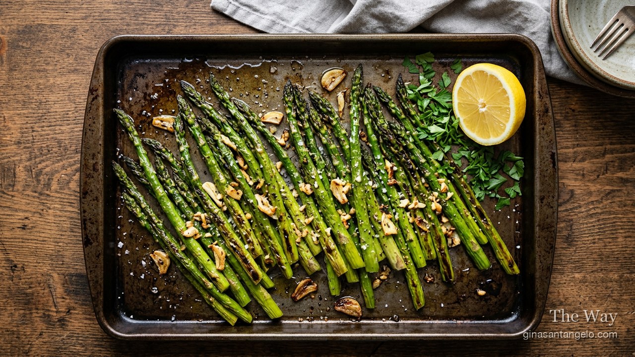 Roasted asparagus with garlic and olive oil on a sheet pan