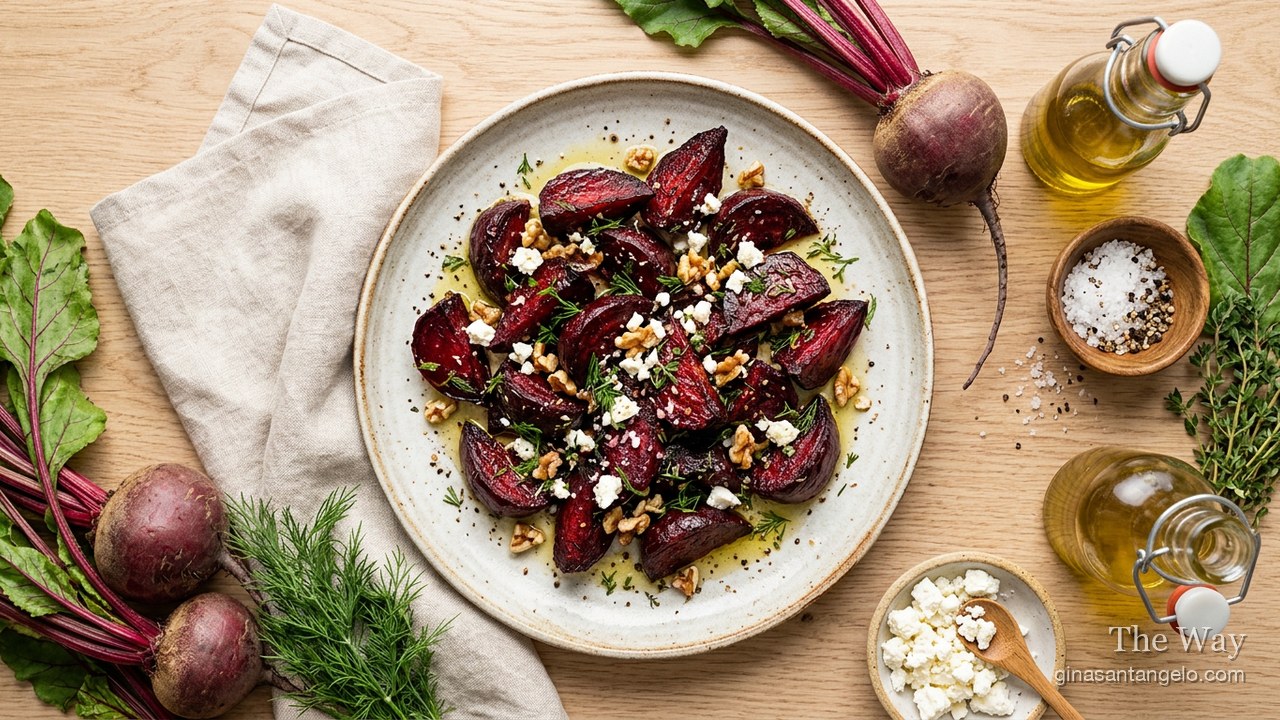 Roasted beets on a wooden board