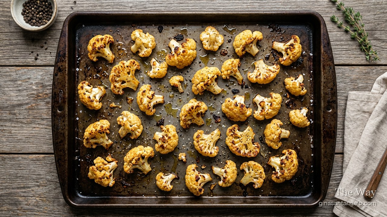 Golden roasted cauliflower florets on a sheet pan
