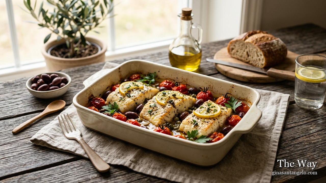Mediterranean roasted cod with cherry tomatoes, olives and capers in a baking dish