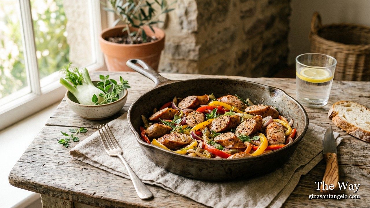 Chicken sausage with peppers and onions in a skillet