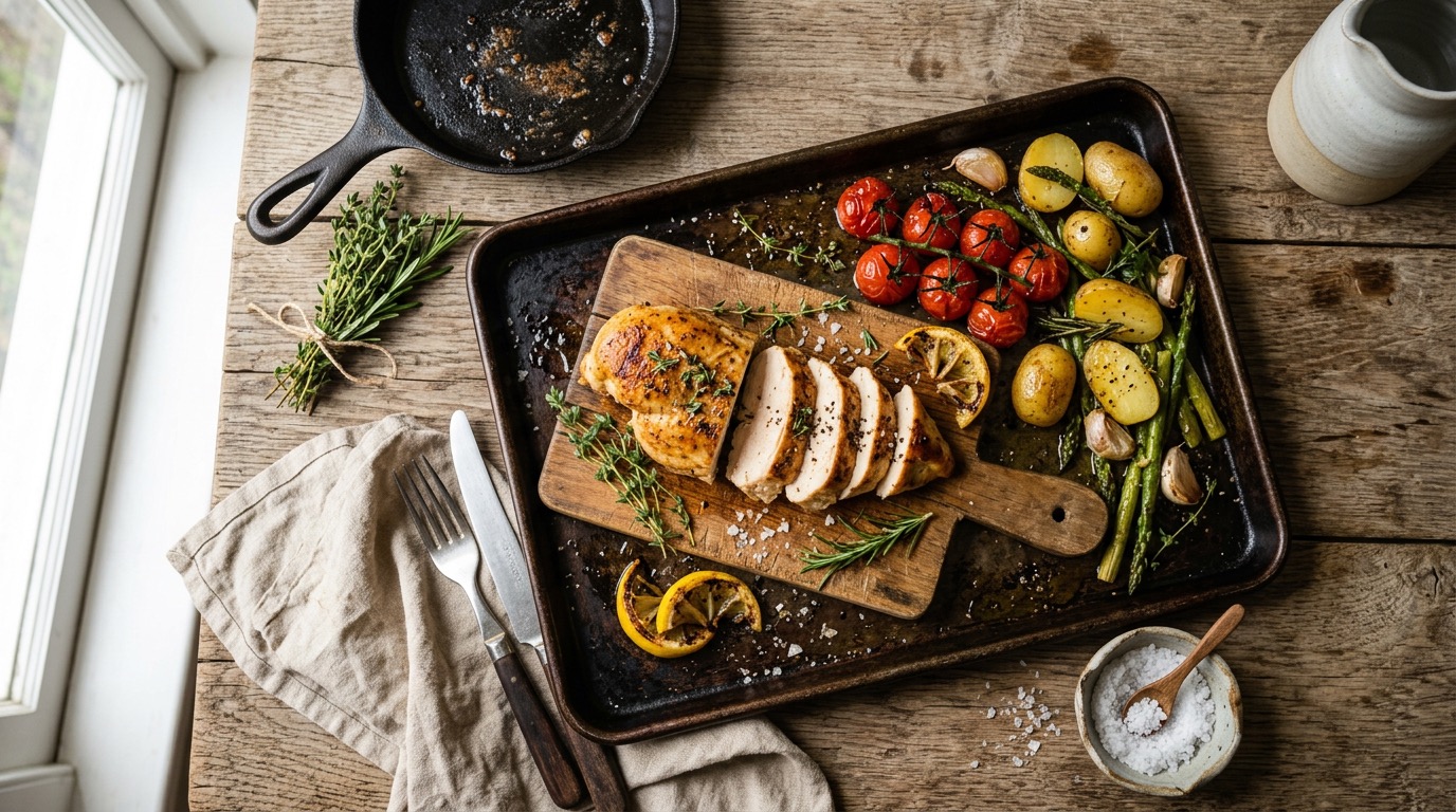 Golden pan-seared chicken breast sliced on a board