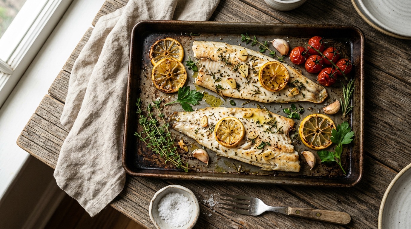 Sheet pan of baked branzino fillets with thin potatoes, cherry tomatoes and asparagus