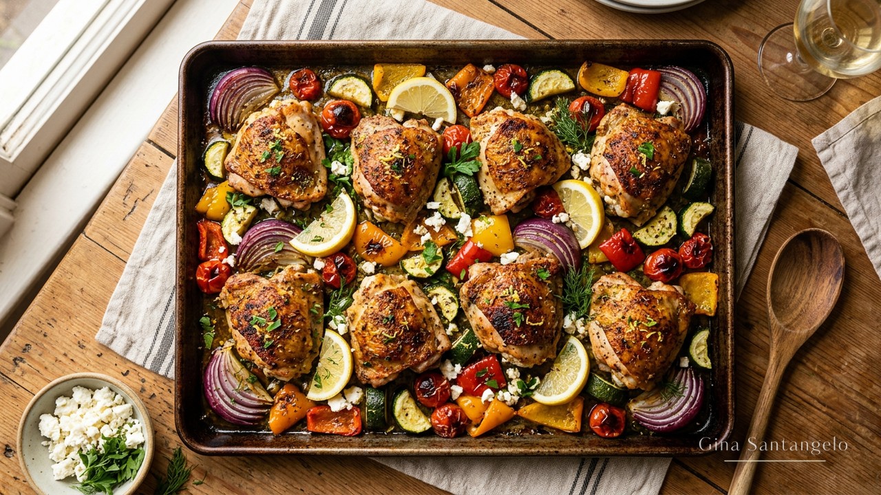 Sheet pan of Greek chicken thighs with potatoes, peppers, zucchini, tomatoes and olives