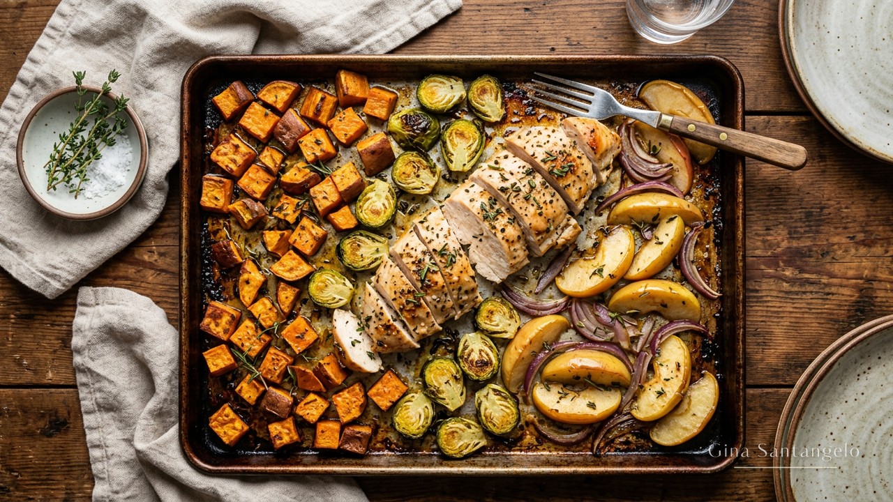Maple Dijon glazed chicken breasts in a skillet with thyme
