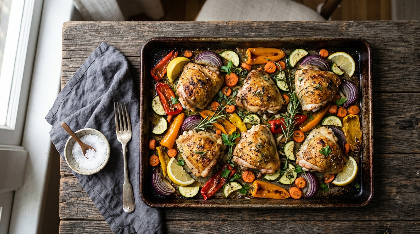 Sheet pan of herb chicken thighs with roasted seasonal vegetables