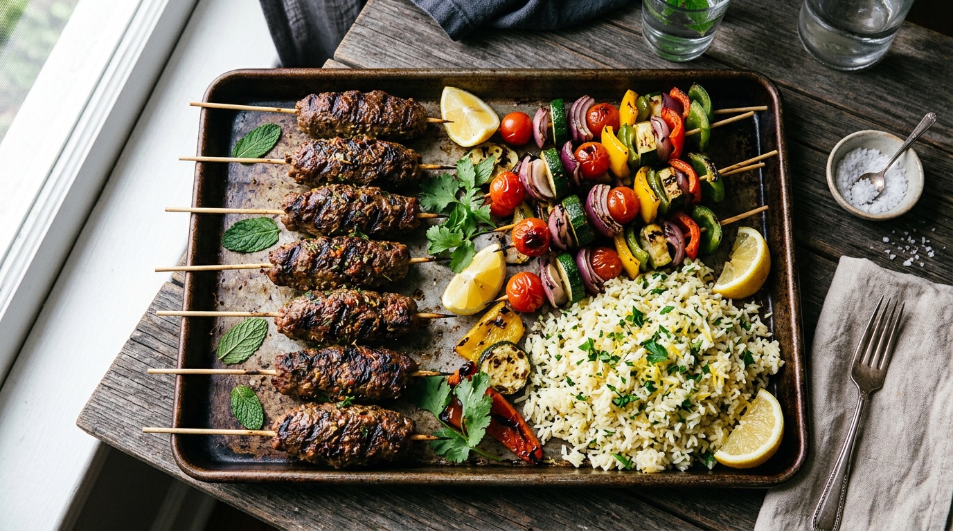 Sheet pan of spiced lamb kofta with veggie kababs and a section of rice